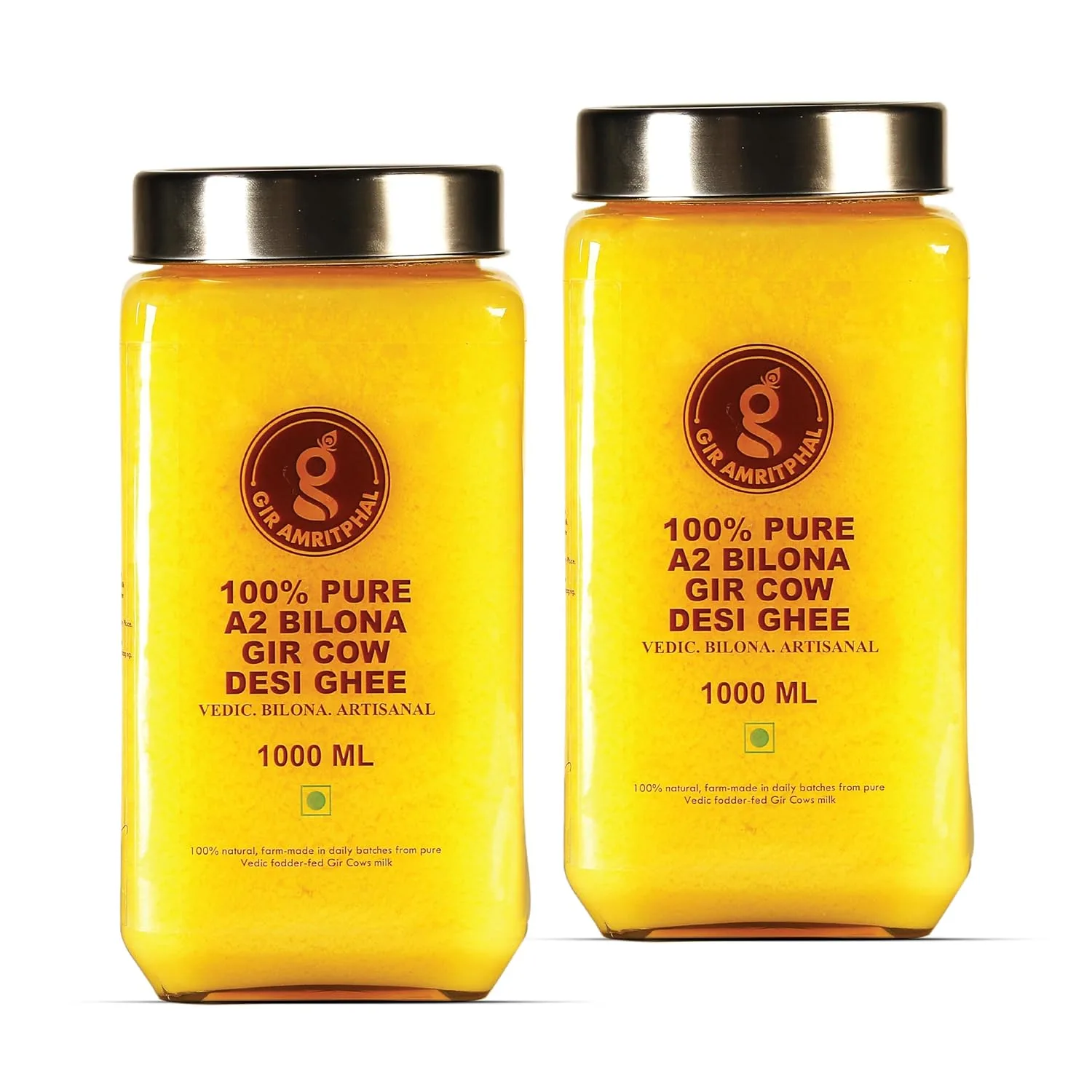 A2 Pure Desi Gir Cow Ghee Vedic Bilona Method 1000 ML Combo Pack of 2